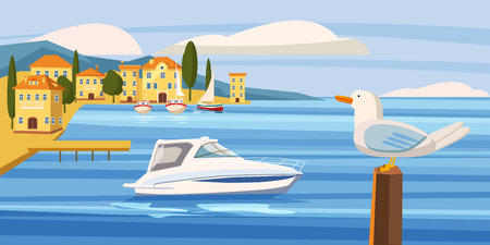 Seascape, coastal city, seagull, sea, speedboat, ocean, cardboard style, vector, illustrationのイラスト素材