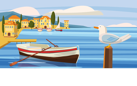 Seascape, coastal city, seagull, sea, boat, ocean, cardboard style, vector, illustrationのイラスト素材