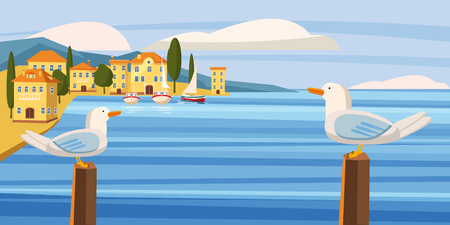 Seascape, coastal city, seagull, sea, sailboat, ocean, cardboard style, vector, illustrationのイラスト素材
