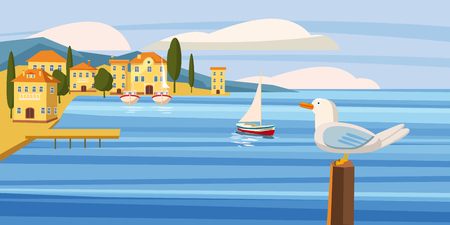 Seascape, coastal city, seagull, sea, sailboat, ocean, cardboard style, vector, illustrationのイラスト素材