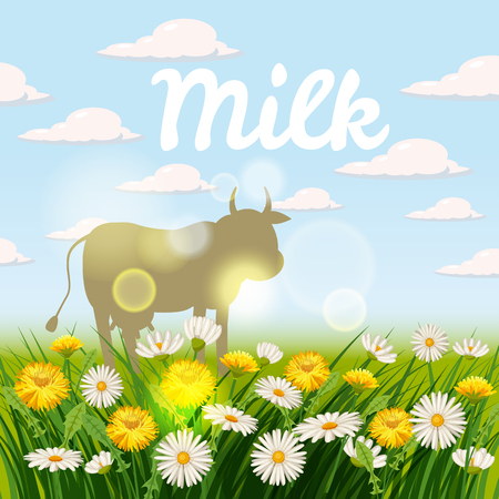 Farm landscape with cows vector illustration. Cow on meadow grass and cows grazeのイラスト素材