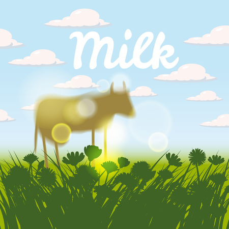 Farm landscape with cows vector illustration. Cow on meadow grass and cows grazeのイラスト素材