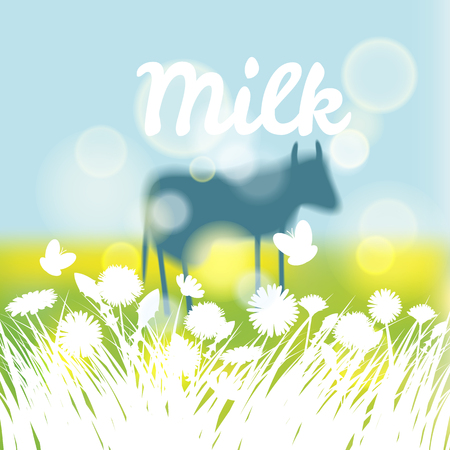 Landscape with cows. Cow on meadow grass and cows grazeのイラスト素材