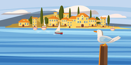 Sea Mediterranean city, coast, boat, sailboat, seagull, cartoon style, vector, illustrationのイラスト素材