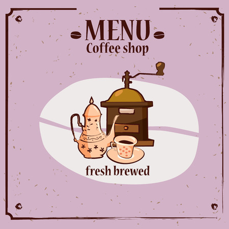 Coffee menu template for coffee shop with coffee grinder, coffee pot, cup, cartoon style, vector, illustrationのイラスト素材