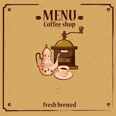 Coffee menu template for coffee shop with coffee grinder, coffee pot, cup, cartoon style, vector, illustrationのイラスト素材
