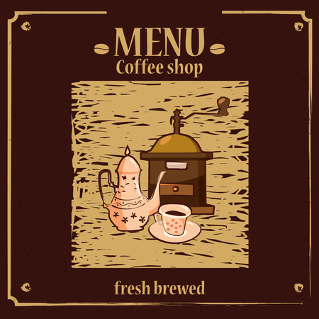 Coffee menu template for coffee shop with coffee grinder, coffee pot, cupのイラスト素材