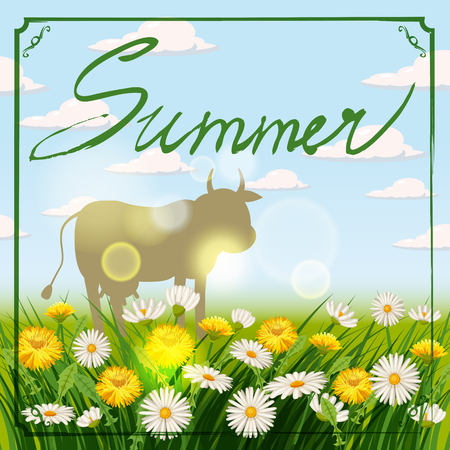 Summer lettering hand-drawn on a background of grass, chamomile flowers, dandelion, cow, sky, clouds, banner, isolated, vector, illustrationのイラスト素材