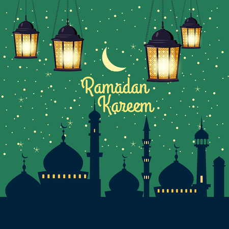 Ramadan Kareem background silhouettes of the mosque bright moon, night, starry sky, lanterns, postcardのイラスト素材