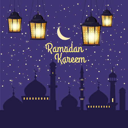 Ramadan Kareem background silhouettes of the mosque bright moon, night, starry sky, lanterns, postcardのイラスト素材