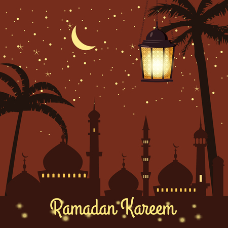 Ramadan Kareem background silhouettes of the mosque bright moon, night, starry sky, lanterns, postcardのイラスト素材