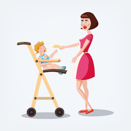 Child Feeding. Mother feeds the baby sitting in the highchair.のイラスト素材