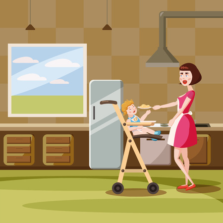 Child Feeding. Mother feeds the baby sitting in the highchair.のイラスト素材
