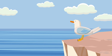 Seagull on the cliff of the cliff, sea backgroundのイラスト素材