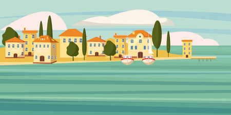 Beautiful seascape, southern city by the sea, houses,cartoon, boats, vector, illustrationのイラスト素材