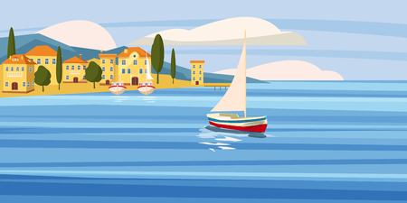 Beautiful seascape, southern city by the sea, houses,cartoon,のイラスト素材
