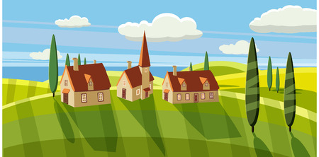 Lovely country rural landscape, farm, pasture, Cartoon style, vector illustrationのイラスト素材