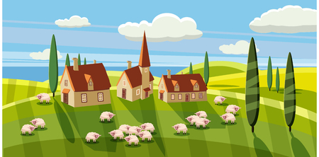 Lovely country rural landscape, Sheep graze, farm, flowers, pasture, Cartoon style, vector illustrationのイラスト素材