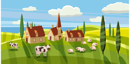 Lovely country rural landscape, cow sheep grazing, farm, flowers, pasture, Cartoon style, vector illustrationの写真素材