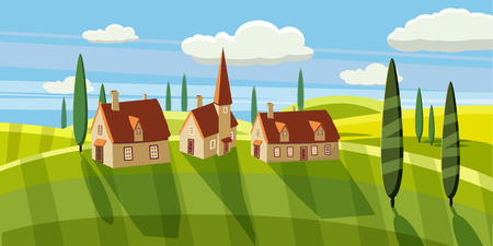 Lovely country rural landscape, farm, pasture, Cartoon style, vector illustrationのイラスト素材