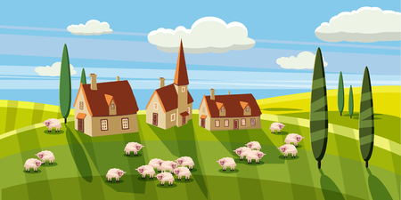 Lovely country rural landscape, Sheep graze, farm, flowers, pasture, Cartoon style, vector illustrationの写真素材