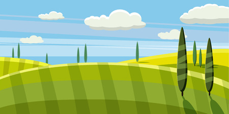 Lovely country rural landscape, pasture, Cartoon style, vector illustrationのイラスト素材