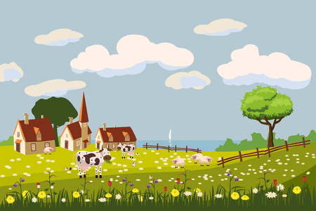 Lovely country rural landscape, cow grazing, farm, flowers, pastureのイラスト素材