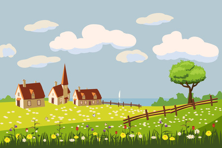 Lovely country rural landscape, cow grazing, farm, flowers, pastureのイラスト素材