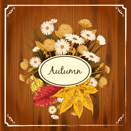 Beautiful autumn flowers, leaves, bouquet, yellow, brown, orange, against the background of wooden boards.のイラスト素材