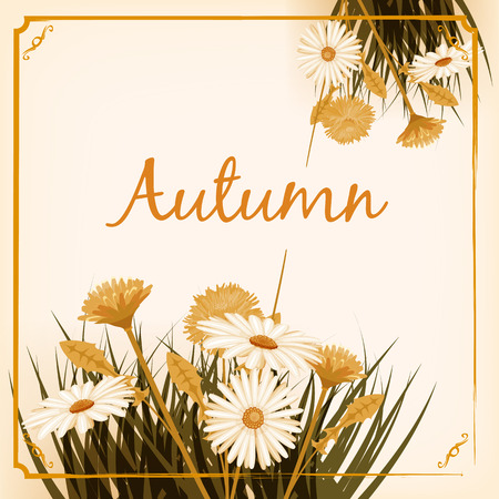 Beautiful autumn flowers, leaves, bouquet, yellow, brown, orange, vector, illustration, bannerのイラスト素材