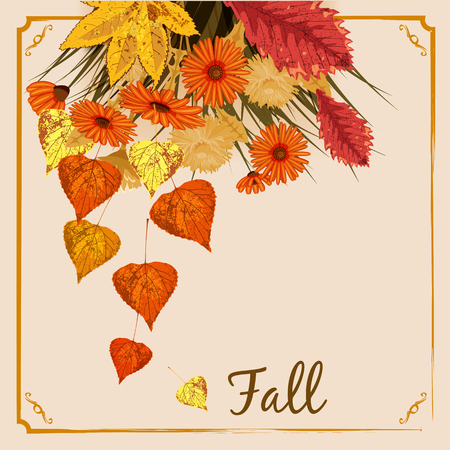 Beautiful autumn flowers, leaves, bouquet, yellow, brownのイラスト素材