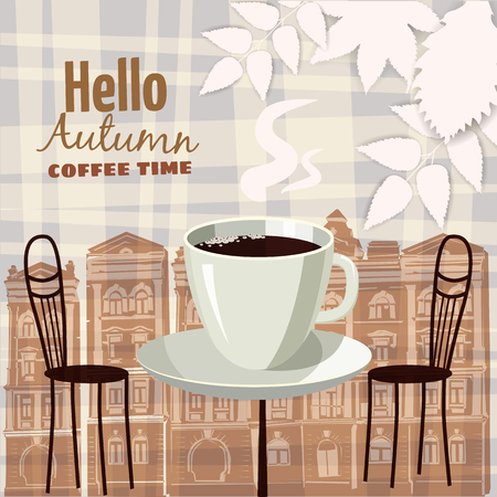 Autumn landscape street cafe, autumn leaves, vector, illustration, bannerのイラスト素材