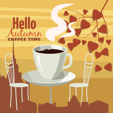Autumn landscape street cafe, autumn leaves, vector, illustration, bannerのイラスト素材