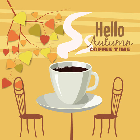 Autumn landscape street cafe, autumn leaves, vector, illustration, bannerのイラスト素材