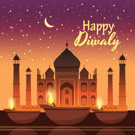 Beautiful greeting card for holiday diwali with burning diy, background Taj Mahal, night, cartoon style, vector, illustrationのイラスト素材