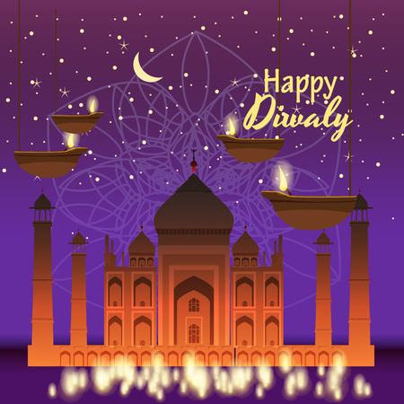 Beautiful greeting card for holiday diwali with burning hanging diy, background Taj Mahal, night, cartoon style, vector, illustrationの写真素材