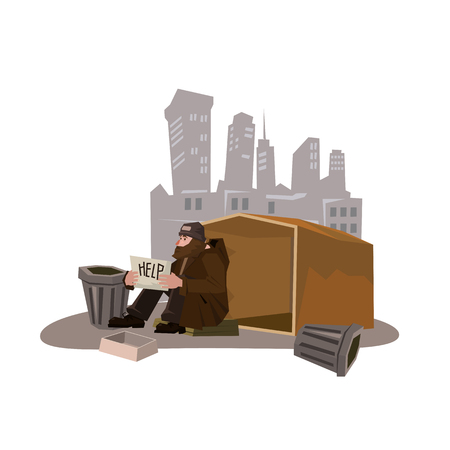 Sad unemployed beggar. Homeless. Man in dirty rags.の写真素材