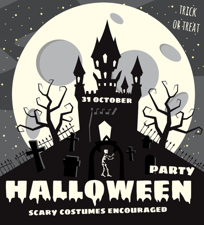 Halloween party, abandoned castle night vector illustration.のイラスト素材