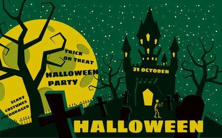 Halloween party, abandoned castle night vector illustration.のイラスト素材