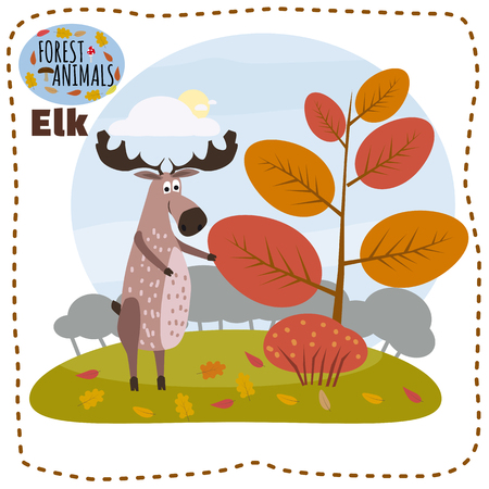 Cute elk, on a background of a landscape with elements of forest, trees, forest animals, cartoon style, banner, vector, illustrationの写真素材