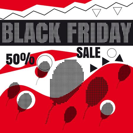 Black Friday Sale, discount, with black balloons,with bauhaus, memphis and hipster style graphic geometric elements, banner, vector, illustrationの写真素材