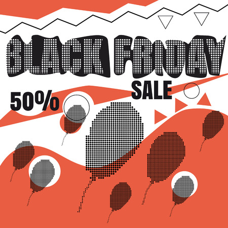 Black Friday Sale, discount, with black balloons,with bauhaus, memphis and hipster style graphic geometric elements, banner, vector, illustrationの写真素材