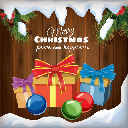 Merry Christmas, greeting card, gifts, decorations on a background of wooden boards and snow, cartoon style, banner, vector, illustrationの写真素材