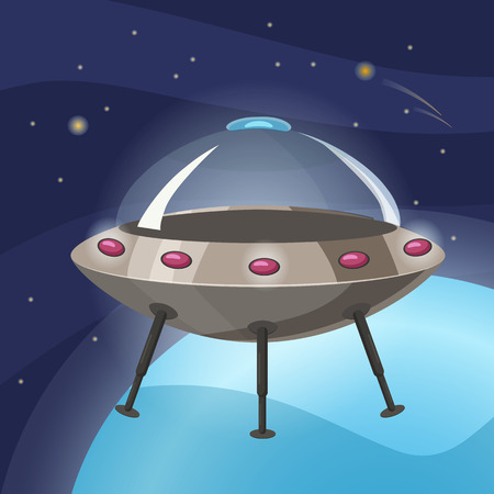 UFO spaceship, cartoon style, background space planet. Isolated, vector illustration.のイラスト素材