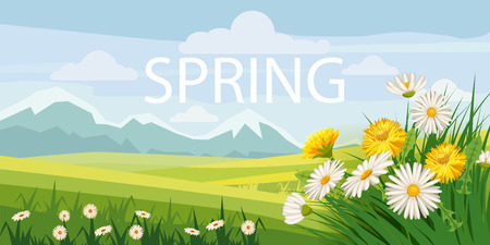 Spring beautiful scenery, fields, chamomile flowers, dandelions, mountains, clouds, cartoon style, vector, illustration, isolatedのイラスト素材