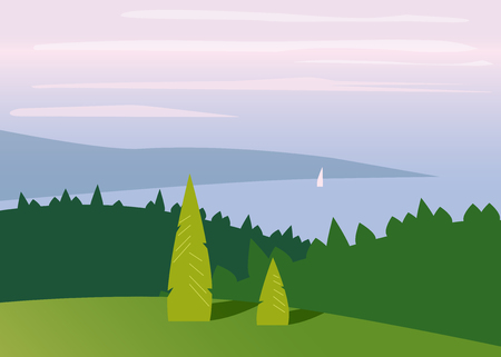 Landscape minimalistic, mountains sea trees flatのイラスト素材