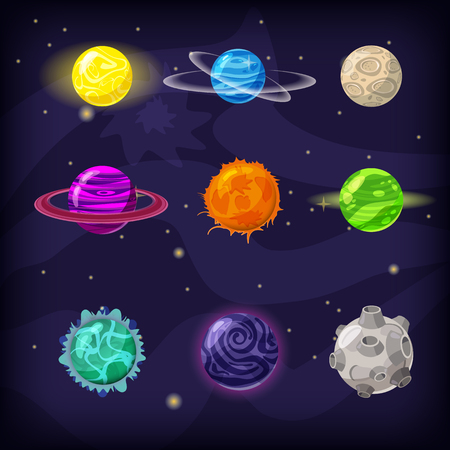 Set of fantastic planets on cosmic background, cartoon style, isolated, vector, illustrationのイラスト素材