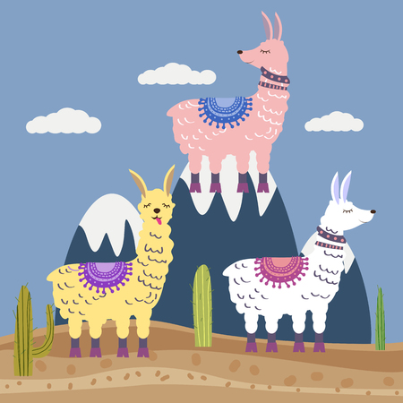 Set of Cute vector alpaca and cactus elements. Editable vector illustrationのイラスト素材