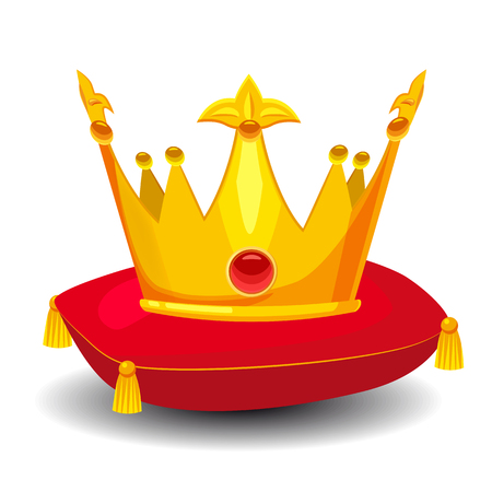 Gold crown with precious stones, on red pillow, cartoon style, vector illustrationの写真素材