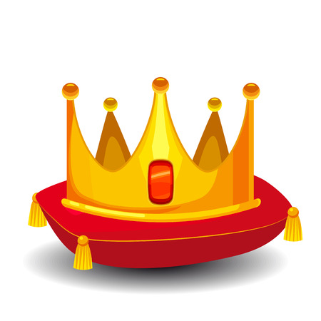 Gold crown with precious stones, on red pillow, cartoon style, vector illustrationの写真素材